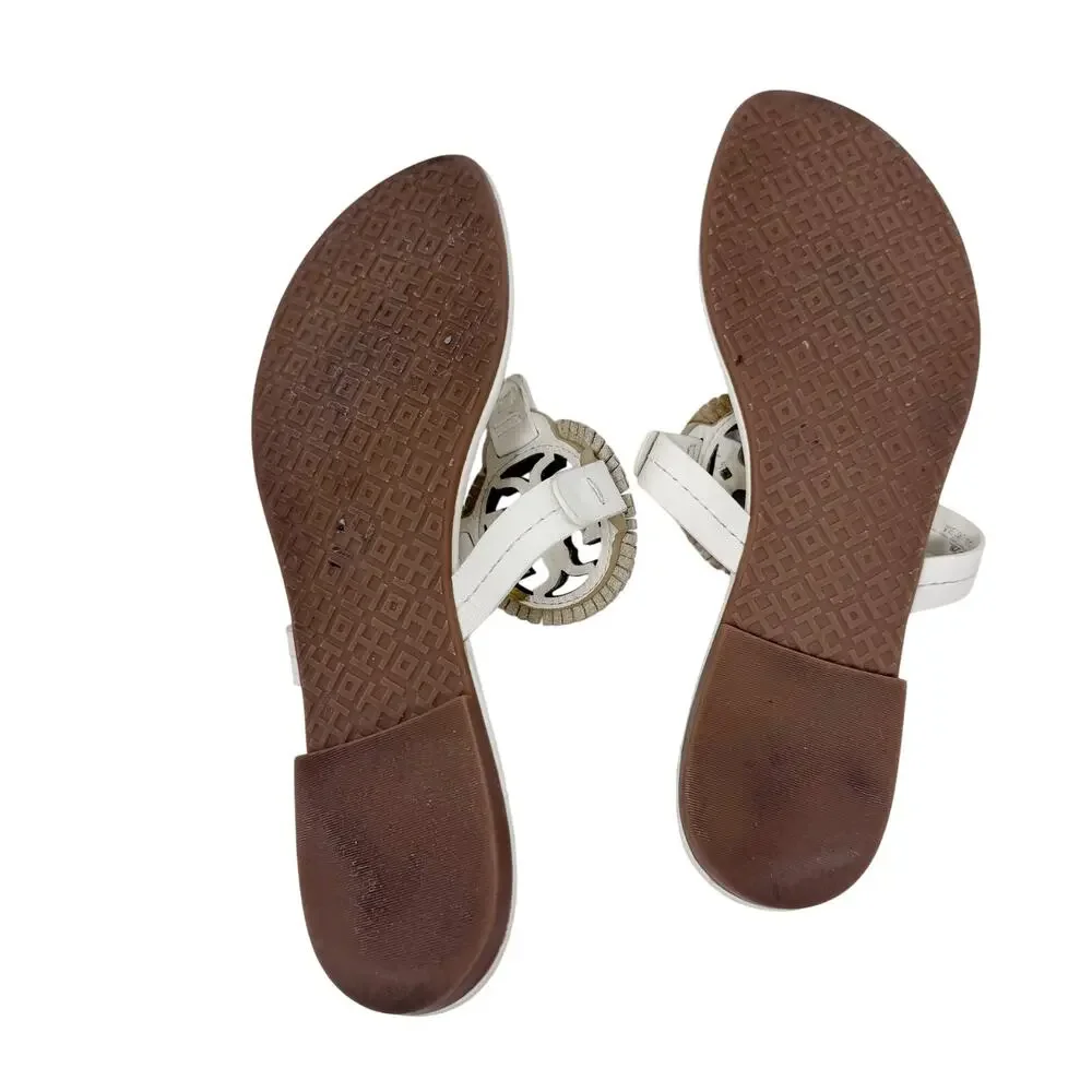 TORY BURCH Metallic Gold Cream Fringe Miller Logo Sandals Flip Flops Size 6.5